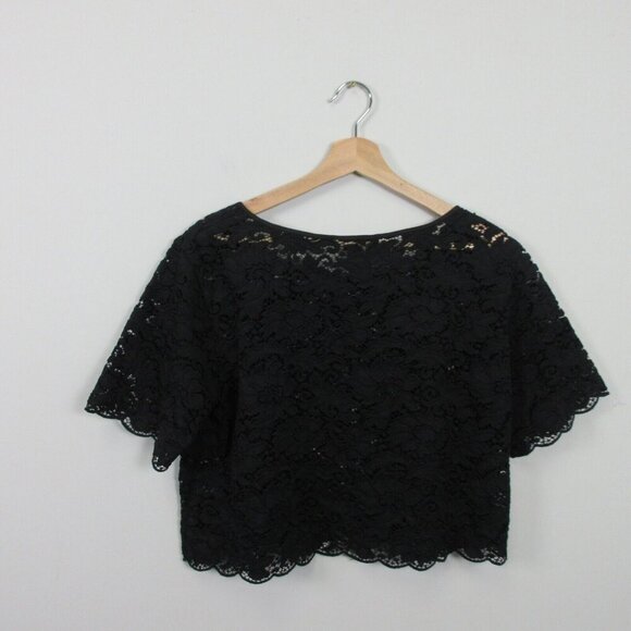 Club Monaco Lace Cropped Top Women's M Black Button Back 3/4 Sleeve Blouse 174 - Picture 2 of 8